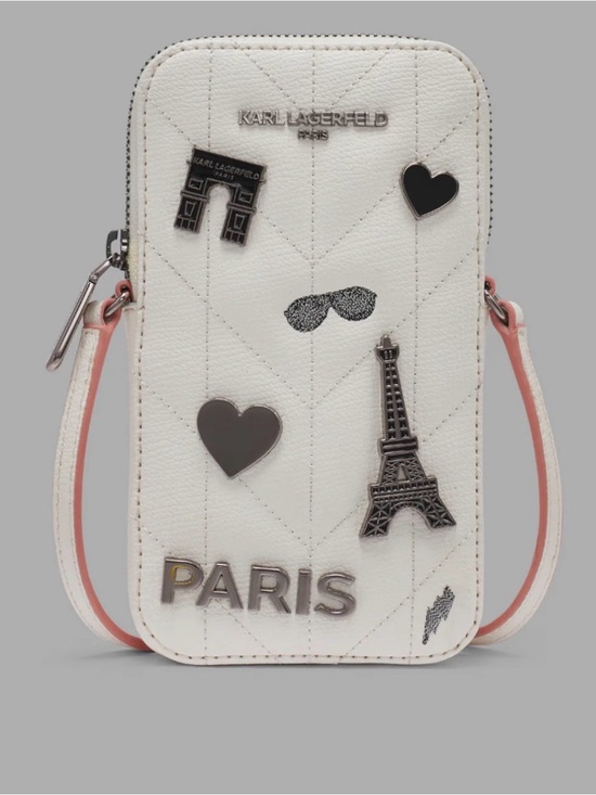 Karl Lagerfeld Handbags - Karl Lagerfeld White Crossbody Phone Pouch with Pink Strap Accents
